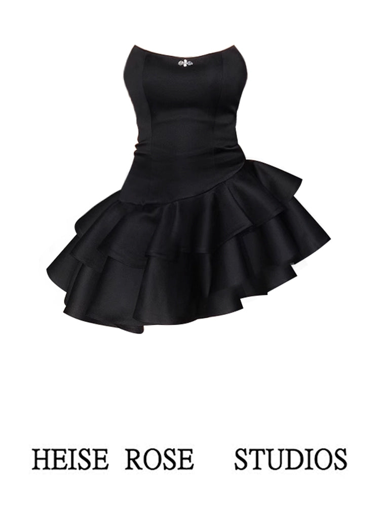 Birthday Party Dress Black Dress Women's Summer New Arrival Tube Top Short Skirt Asymmetrical Cake Dress Pettiskirt