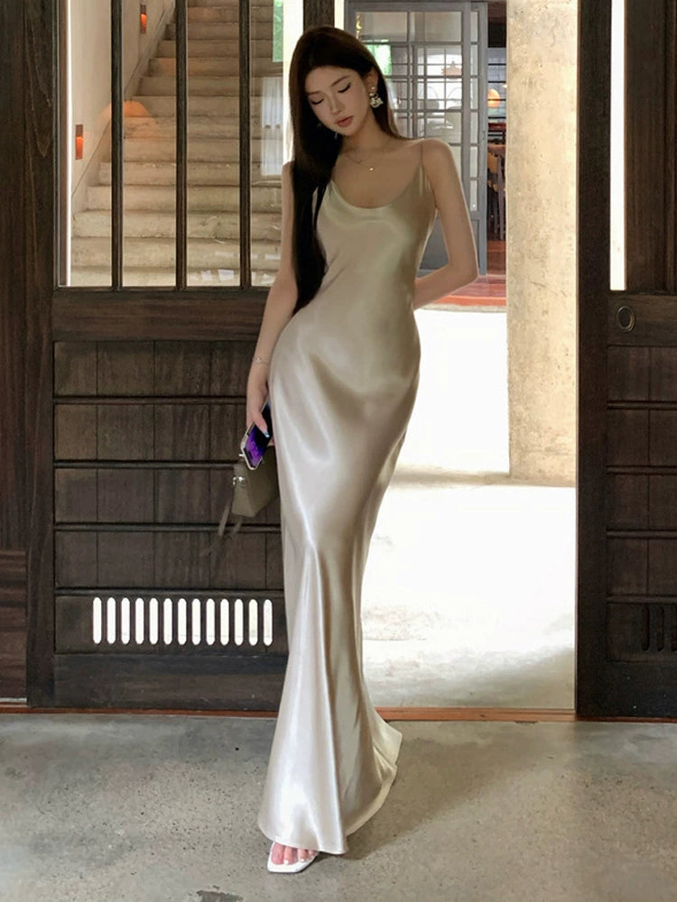 Birthday Little Dress Fancy French Satin Small Dress White Sexy Slim Fit Long Dress Acetate Sling Dress