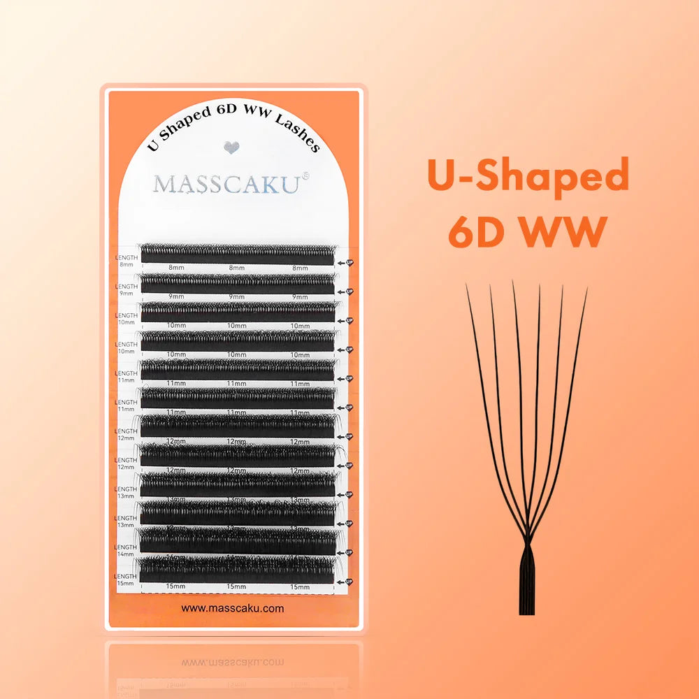 MASSCAKU U Shaped 3D/4D/5D/6D Eyelash Extensions 0.07mm Thickness Hand Woven Premade Fan U Eyelashes Ideal for Maquillaje Mujer