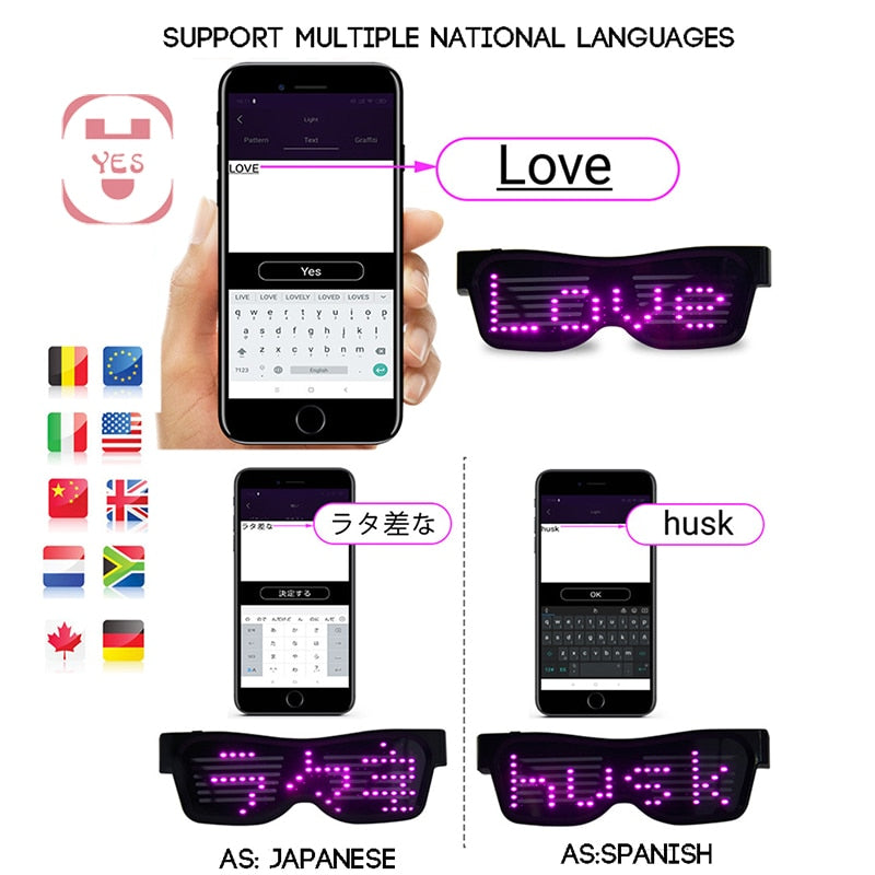 App Control Bluetooth Led Party Glasses Customized Languages USB Charge Flashing Luminous Eyewear Christmas Concert Sunglasses