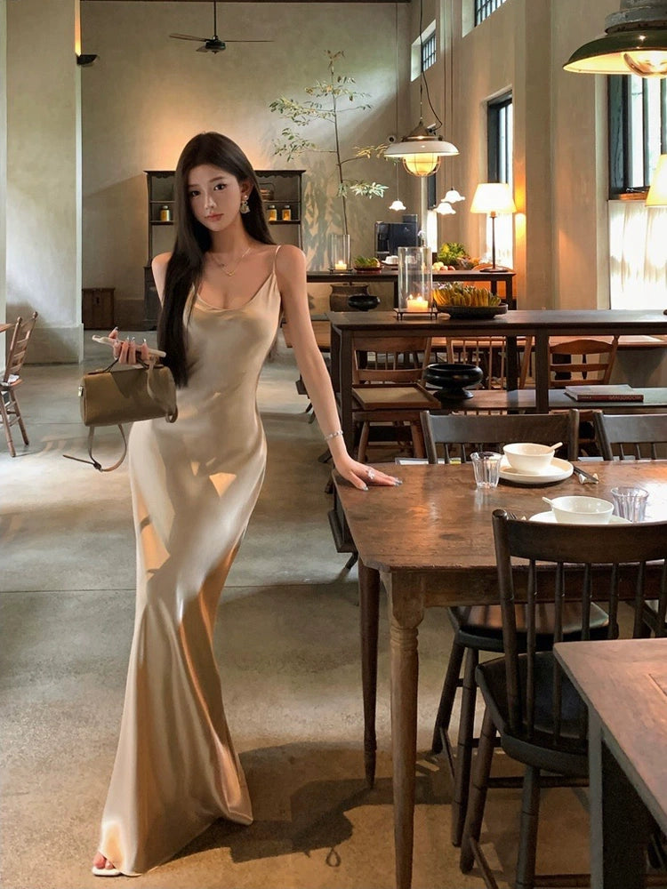 Birthday Little Dress Fancy French Satin Small Dress White Sexy Slim Fit Long Dress Acetate Sling Dress