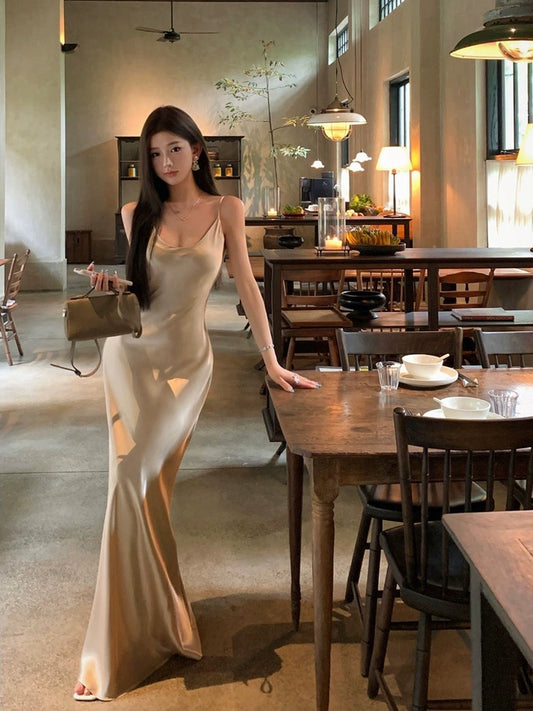Birthday Little Dress Fancy French Satin Small Dress White Sexy Slim Fit Long Dress Acetate Sling Dress