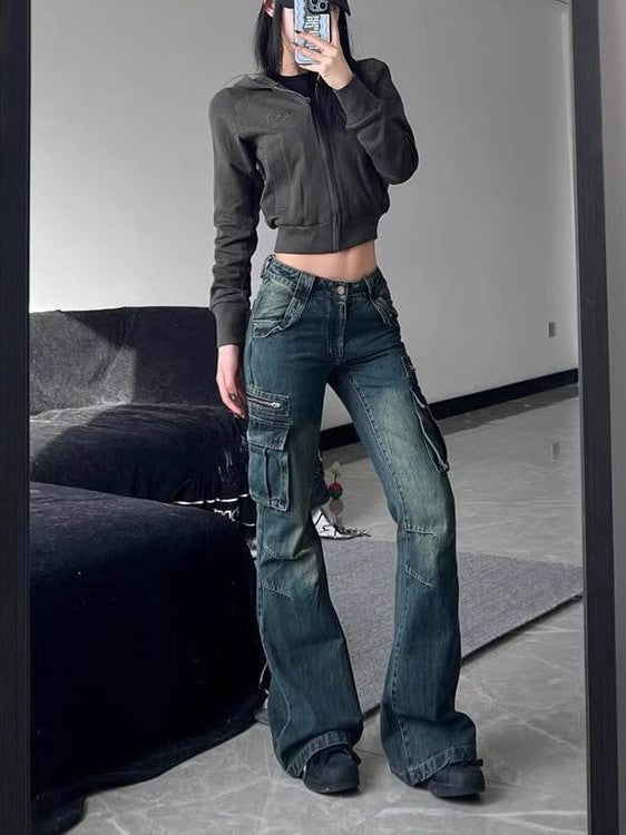 American Retro Pocket Tooling Micro Horn Tooling Jeans Women's New Low Waist Slimming Design Sense Long Trendy Pants