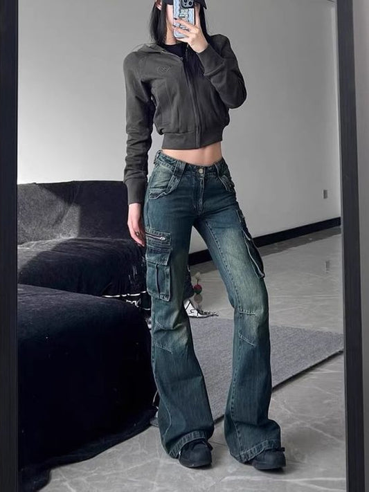 American Retro Pocket Tooling Micro Horn Tooling Jeans Women's New Low Waist Slimming Design Sense Long Trendy Pants