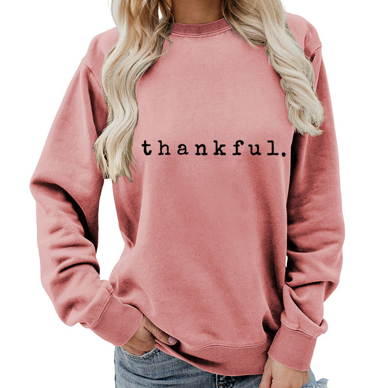 Cross-border European and American thankful Printed Round Neck Women's Top Sweatshirt Autumn and Winter Coat Casual Loose European Size