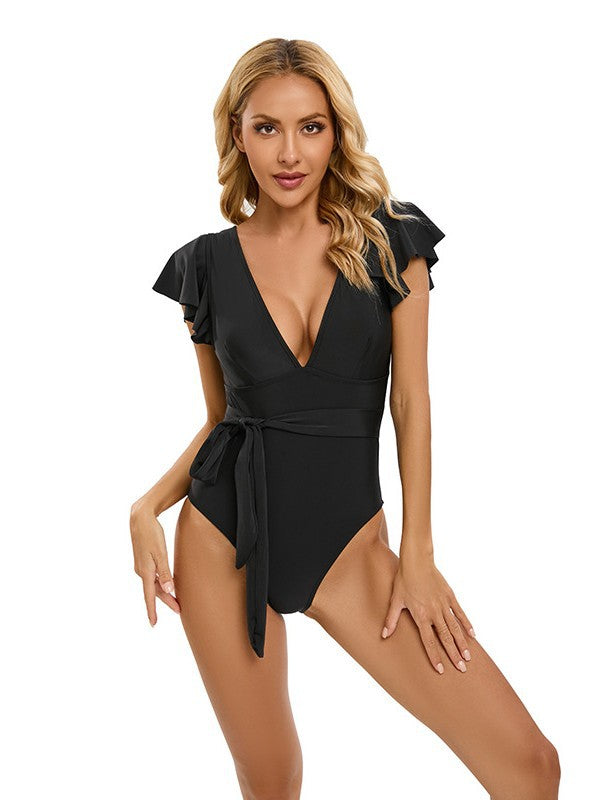 2024 New Solid Color Sexy Bikini European and American One-piece Swimsuit Women's Foreign Trade Cross-border Soft Cup Triangle Women's Swimsuit