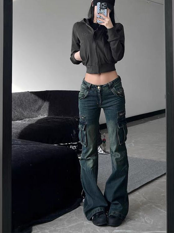 American Retro Pocket Tooling Micro Horn Tooling Jeans Women's New Low Waist Slimming Design Sense Long Trendy Pants