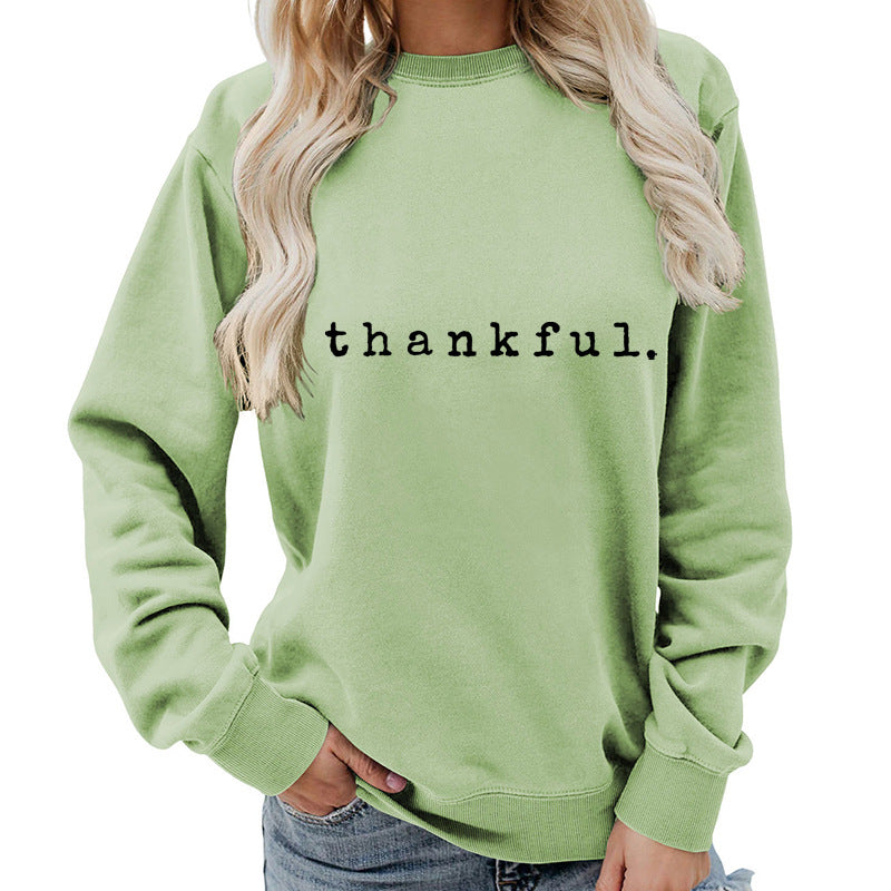 Cross-border European and American thankful Printed Round Neck Women's Top Sweatshirt Autumn and Winter Coat Casual Loose European Size