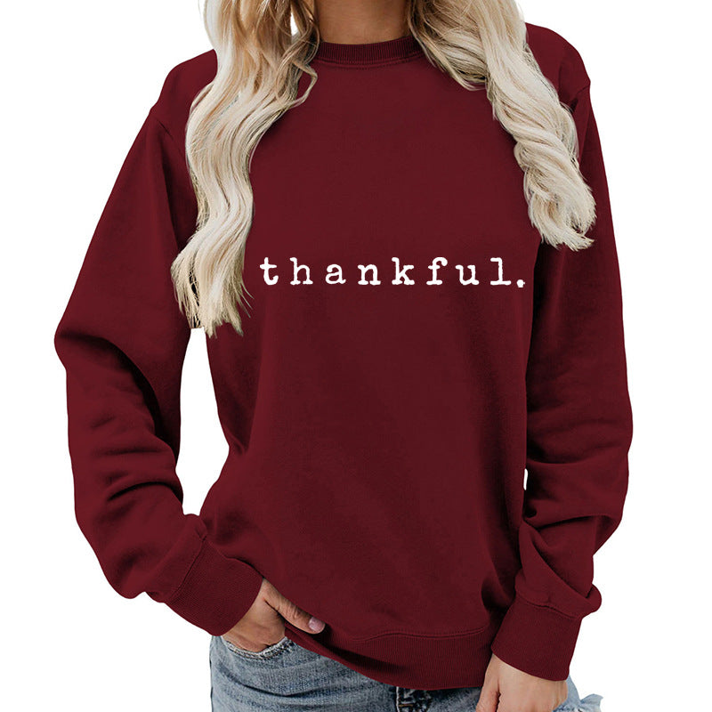 Cross-border European and American thankful Printed Round Neck Women's Top Sweatshirt Autumn and Winter Coat Casual Loose European Size