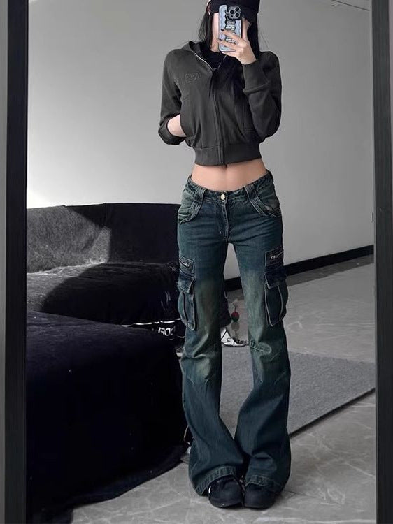 American Retro Pocket Tooling Micro Horn Tooling Jeans Women's New Low Waist Slimming Design Sense Long Trendy Pants
