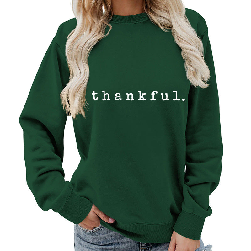 Cross-border European and American thankful Printed Round Neck Women's Top Sweatshirt Autumn and Winter Coat Casual Loose European Size