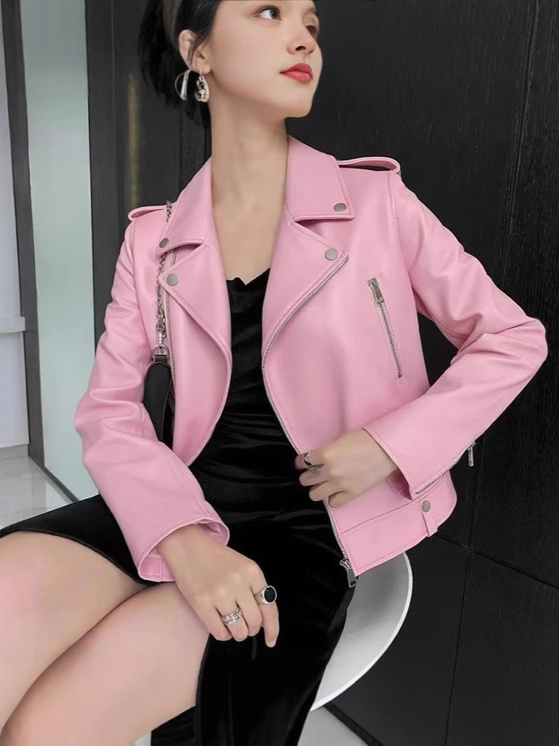 2025 Spring and Autumn New Korean Style Short Women's Pu Women's Large Size Leather Jacket Slim Motorcycle Jacket Small Leather Jacket