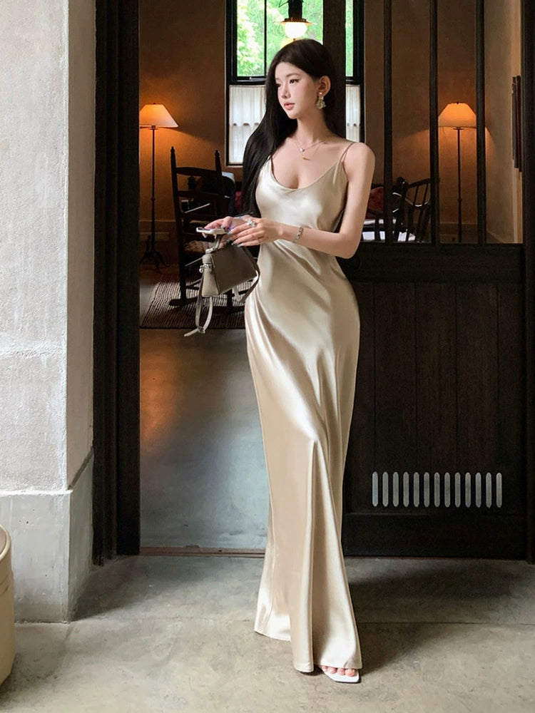 Birthday Little Dress Fancy French Satin Small Dress White Sexy Slim Fit Long Dress Acetate Sling Dress