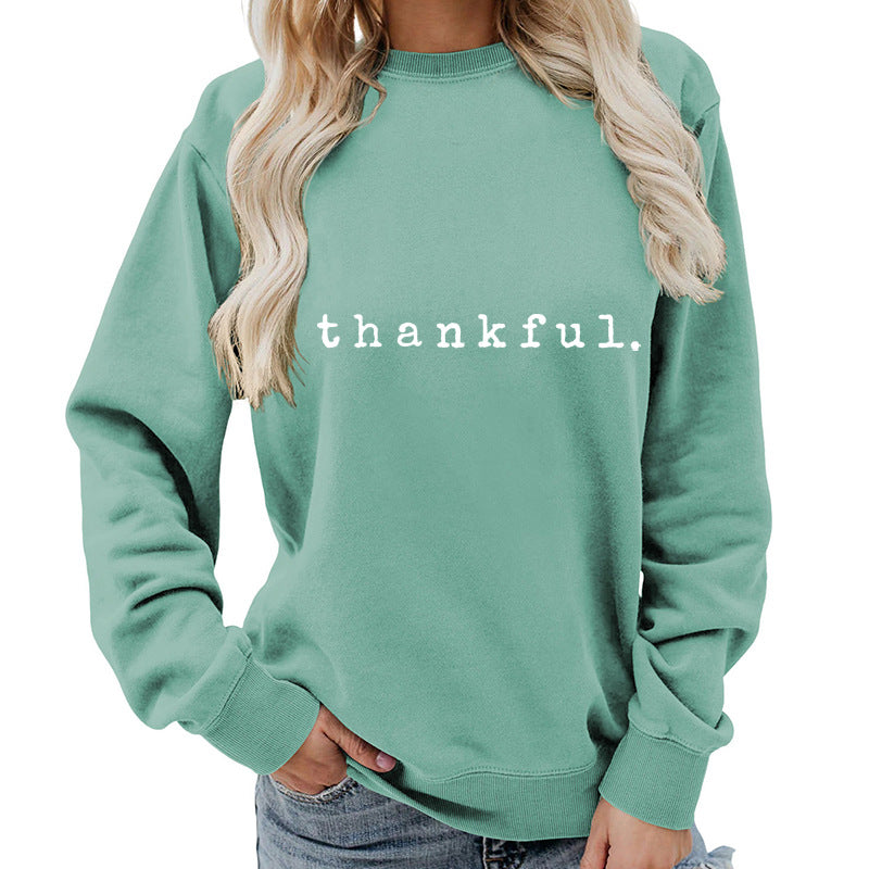 Cross-border European and American thankful Printed Round Neck Women's Top Sweatshirt Autumn and Winter Coat Casual Loose European Size