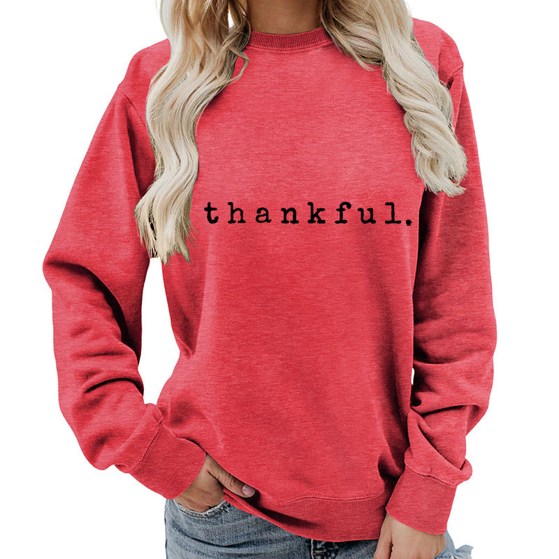 Cross-border European and American thankful Printed Round Neck Women's Top Sweatshirt Autumn and Winter Coat Casual Loose European Size