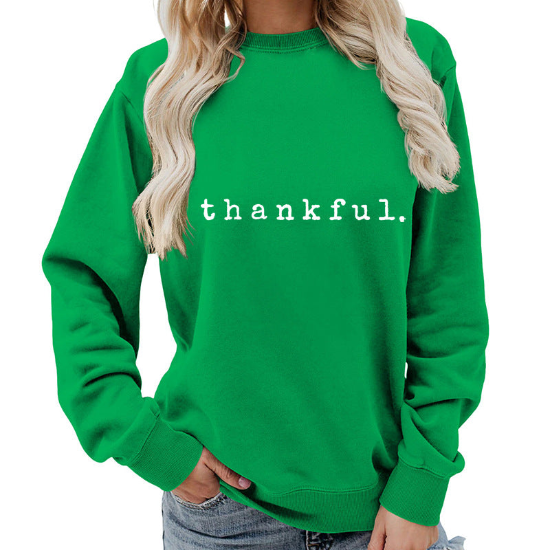 Cross-border European and American thankful Printed Round Neck Women's Top Sweatshirt Autumn and Winter Coat Casual Loose European Size
