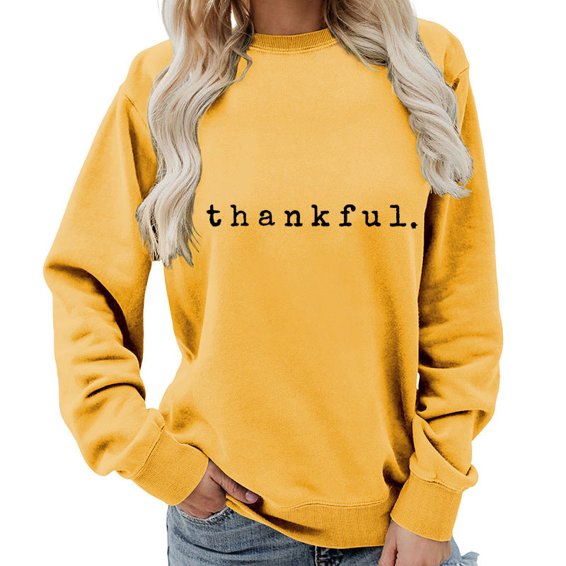 Cross-border European and American thankful Printed Round Neck Women's Top Sweatshirt Autumn and Winter Coat Casual Loose European Size