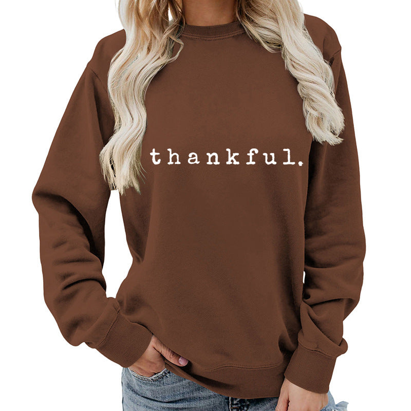 Cross-border European and American thankful Printed Round Neck Women's Top Sweatshirt Autumn and Winter Coat Casual Loose European Size