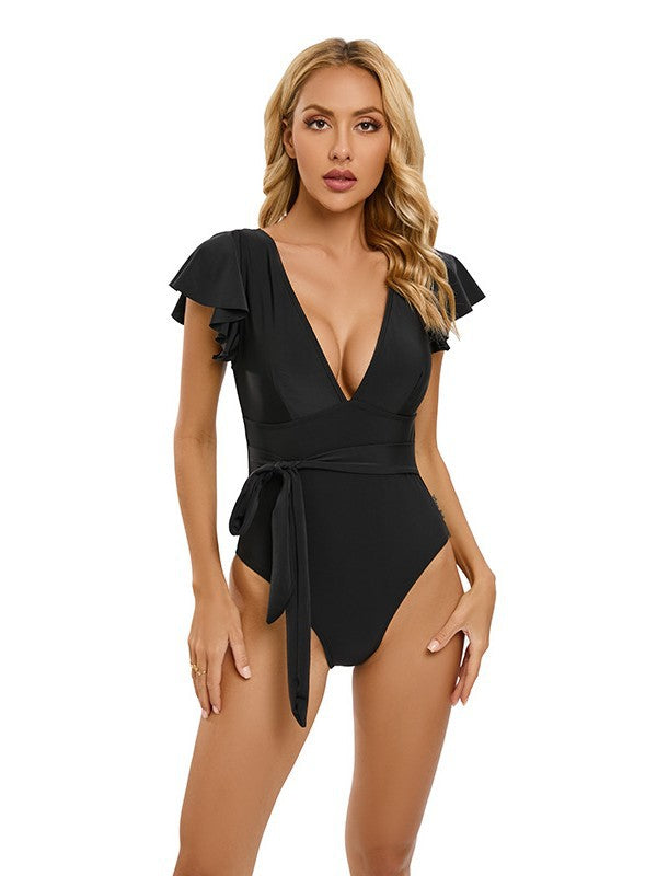 2024 New Solid Color Sexy Bikini European and American One-piece Swimsuit Women's Foreign Trade Cross-border Soft Cup Triangle Women's Swimsuit