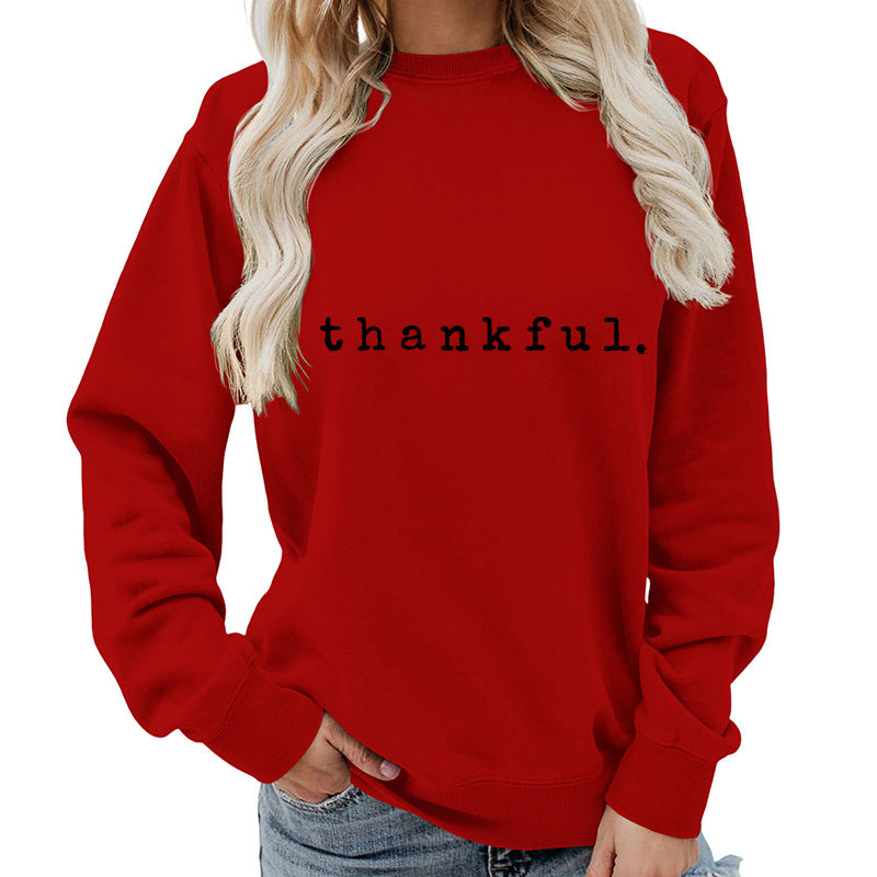 Cross-border European and American thankful Printed Round Neck Women's Top Sweatshirt Autumn and Winter Coat Casual Loose European Size