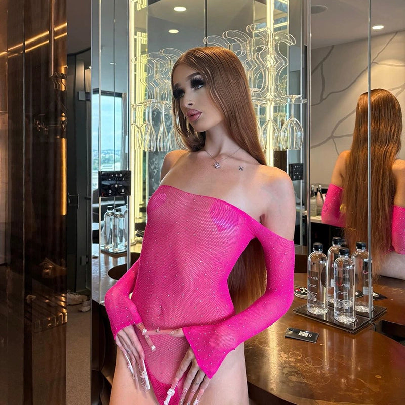 Kkx Sexy Sexy Style off-Shoulder Cut Out Mesh Long Sleeves Jumpsuit Y2g Millennium Tight Rhinestone Base Tops