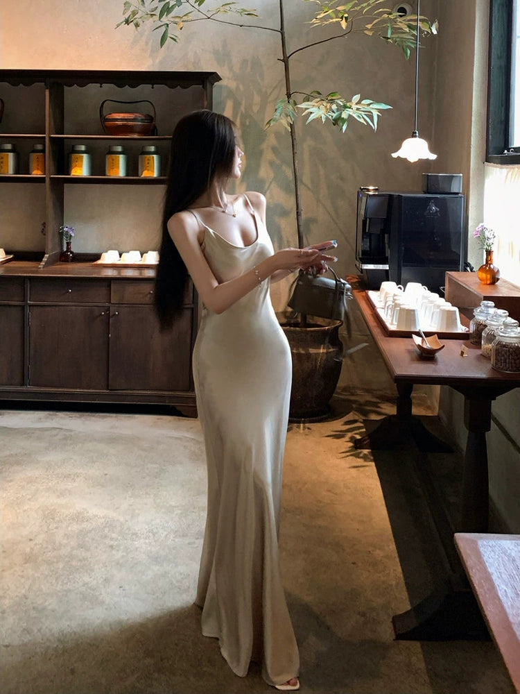 Birthday Little Dress Fancy French Satin Small Dress White Sexy Slim Fit Long Dress Acetate Sling Dress