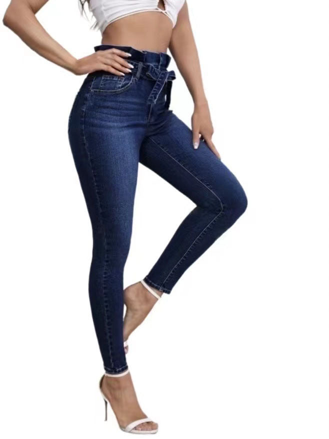 Independent E-Commerce Platform Cross-Border European and American Style Stretch Denim Pants with Ruffled Hem, Slim Fit, Casual and Fashionable Versatile Women's Trousers
