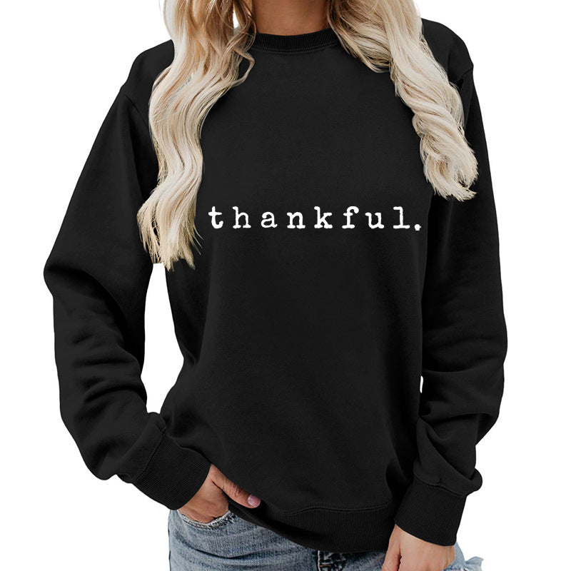 Cross-border European and American thankful Printed Round Neck Women's Top Sweatshirt Autumn and Winter Coat Casual Loose European Size
