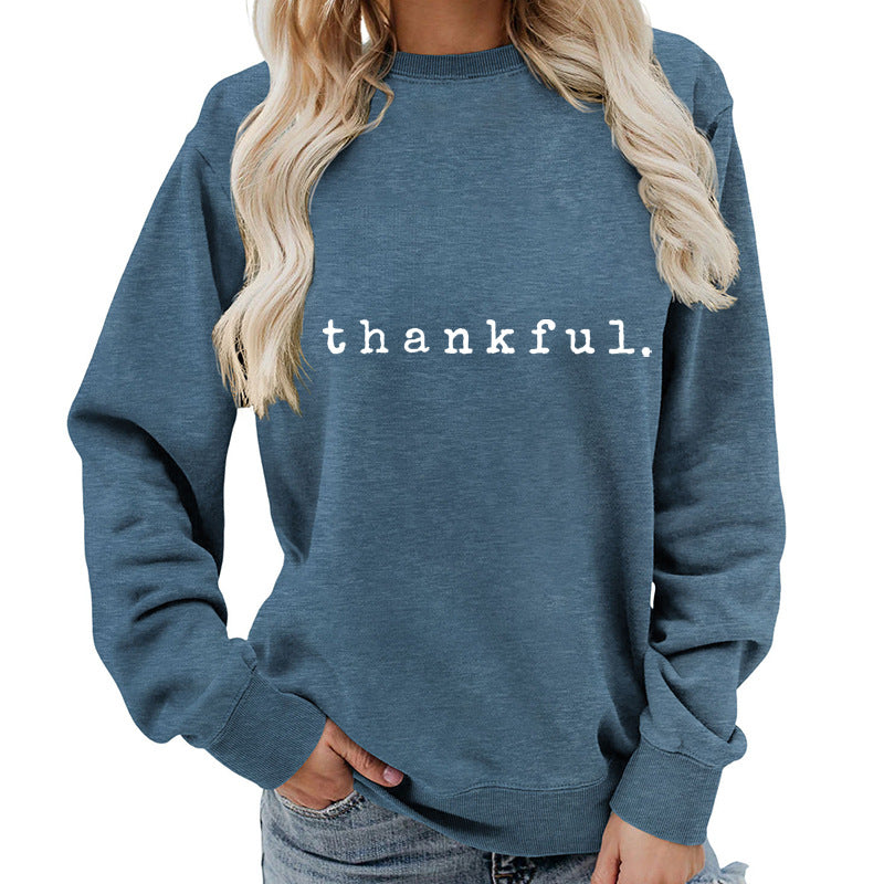Cross-border European and American thankful Printed Round Neck Women's Top Sweatshirt Autumn and Winter Coat Casual Loose European Size