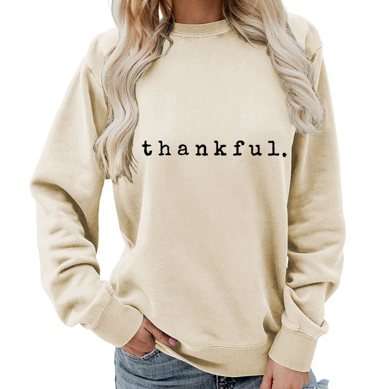 Cross-border European and American thankful Printed Round Neck Women's Top Sweatshirt Autumn and Winter Coat Casual Loose European Size