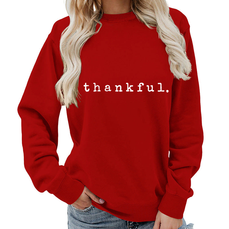 Cross-border European and American thankful Printed Round Neck Women's Top Sweatshirt Autumn and Winter Coat Casual Loose European Size