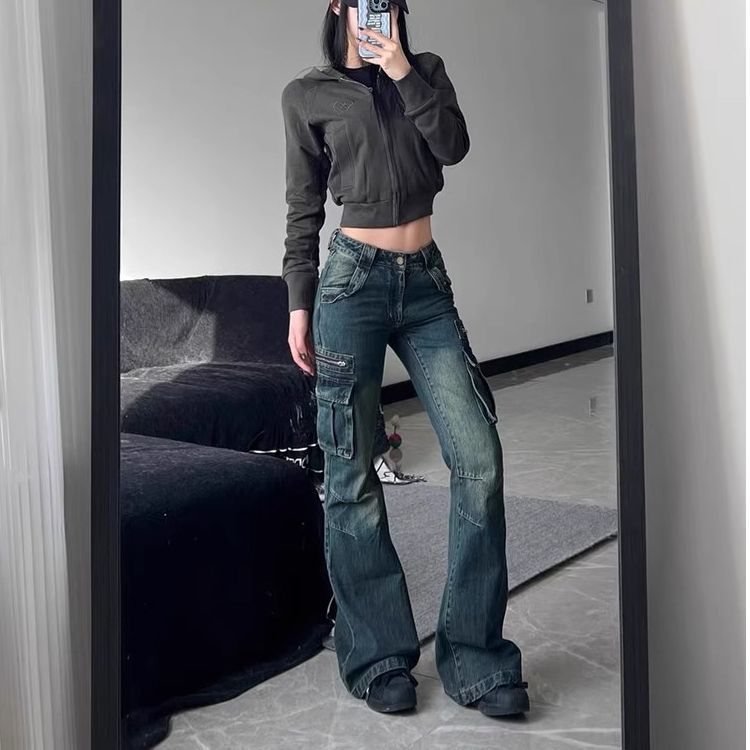 American Retro Pocket Tooling Micro Horn Tooling Jeans Women's New Low Waist Slimming Design Sense Long Trendy Pants