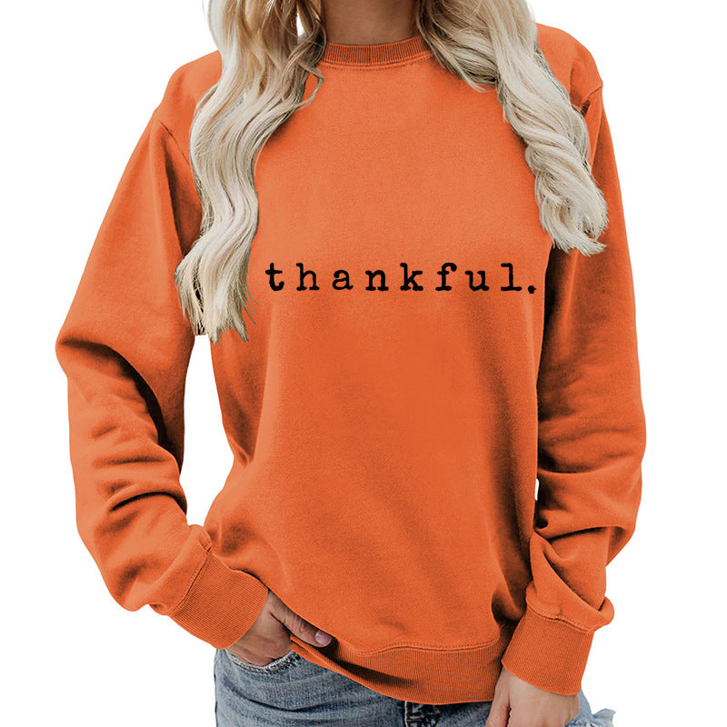Cross-border European and American thankful Printed Round Neck Women's Top Sweatshirt Autumn and Winter Coat Casual Loose European Size