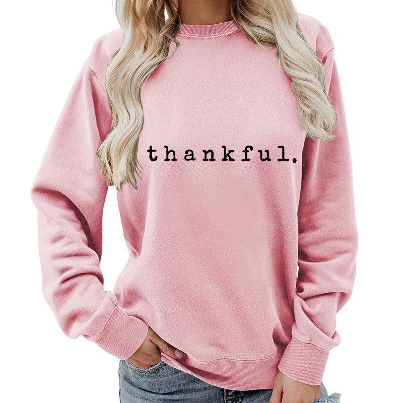 Cross-border European and American thankful Printed Round Neck Women's Top Sweatshirt Autumn and Winter Coat Casual Loose European Size