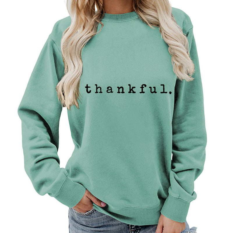 Cross-border European and American thankful Printed Round Neck Women's Top Sweatshirt Autumn and Winter Coat Casual Loose European Size