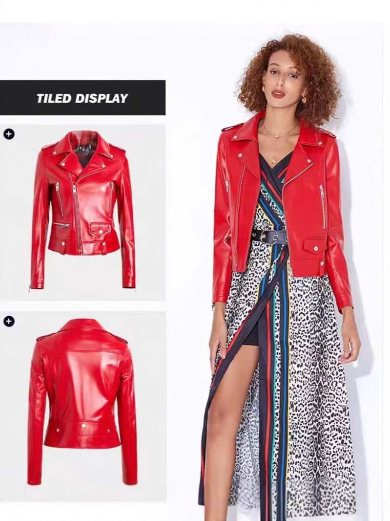 2025 Spring and Autumn New Korean Style Short Women's Pu Women's Large Size Leather Jacket Slim Motorcycle Jacket Small Leather Jacket