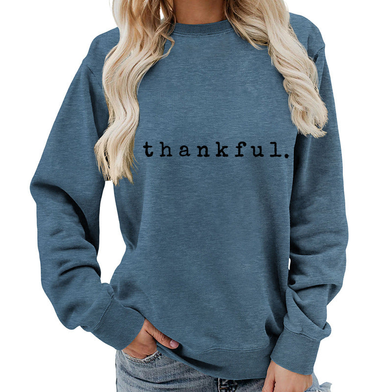 Cross-border European and American thankful Printed Round Neck Women's Top Sweatshirt Autumn and Winter Coat Casual Loose European Size