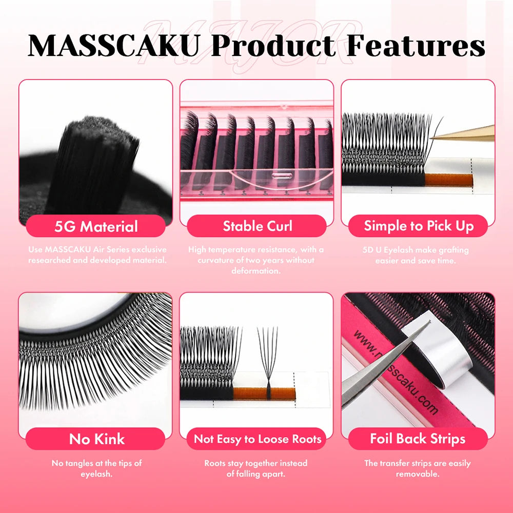 MASSCAKU U-Shaped 3D/4D/5D/6D W Eyelash Extensions 8-15mm Mixed Length Soft Matte Black Full Dense Lash Clusters Makeup Products