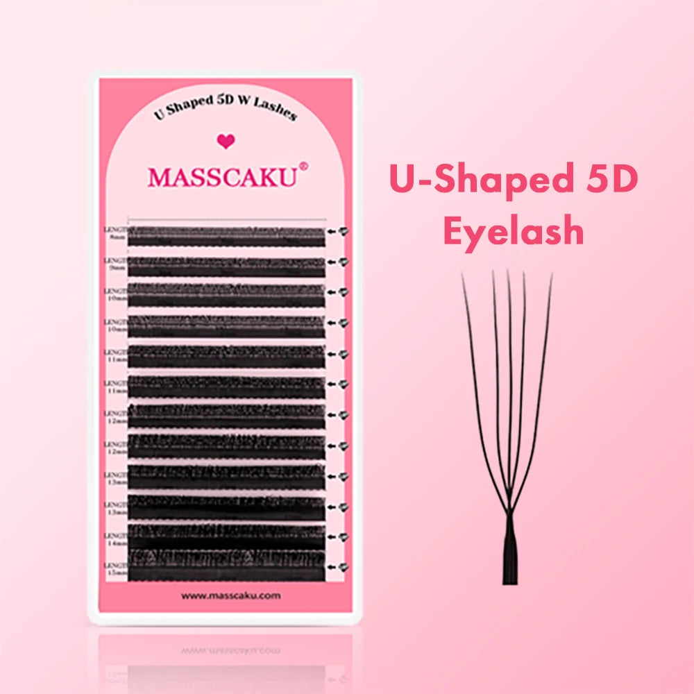 MASSCAKU U Shaped 3D/4D/5D/6D Eyelash Extensions 0.07mm Thickness Hand Woven Premade Fan U Eyelashes Ideal for Maquillaje Mujer