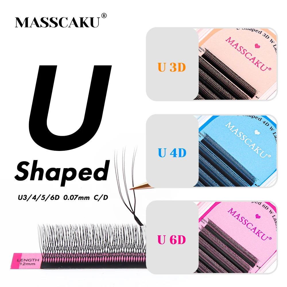 MASSCAKU U-Shaped 3D/4D/5D/6D W Eyelash Extensions 8-15mm Mixed Length Soft Matte Black Full Dense Lash Clusters Makeup Products