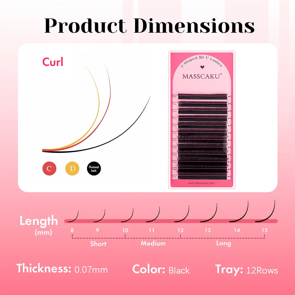 MASSCAKU U Shaped 3D/4D/5D/6D Eyelash Extensions 0.07mm Thickness Hand Woven Premade Fan U Eyelashes Ideal for Maquillaje Mujer