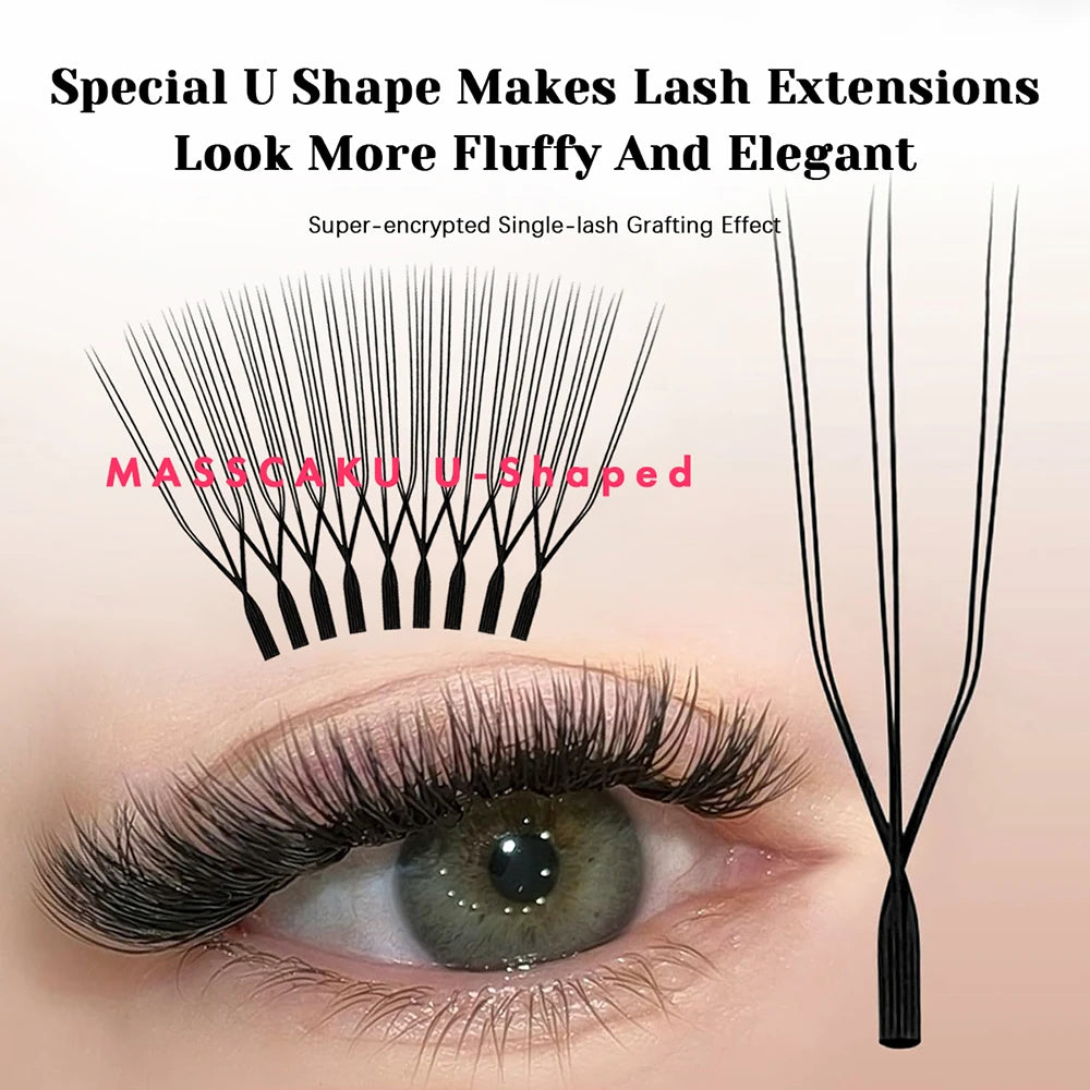 MASSCAKU U Shaped 3D/4D/5D/6D Eyelash Extensions 0.07mm Thickness Hand Woven Premade Fan U Eyelashes Ideal for Maquillaje Mujer