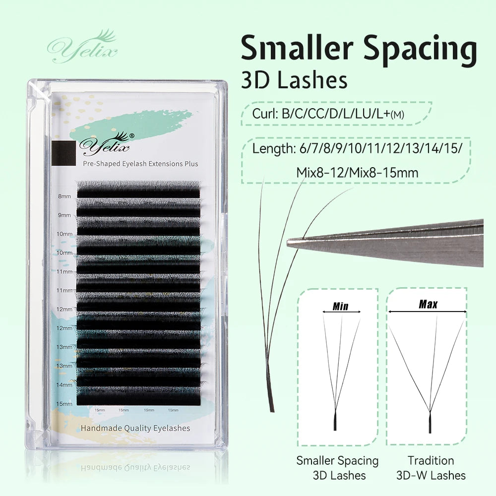 Yelix New 3D W Shape Small Opening Eyelash Extension Premade Volume Lashes L M Narrow 3D W Lashes Faux Eyelashes Makeup Tools