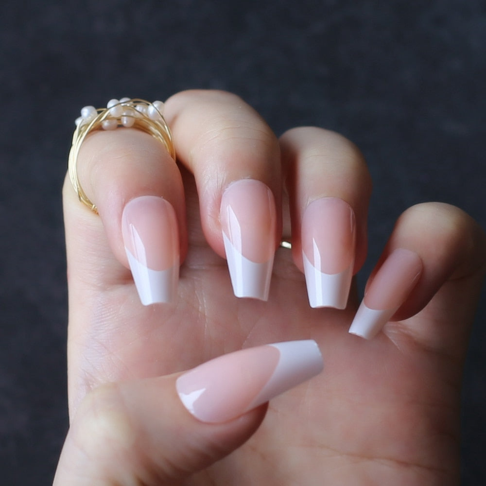 Coffin Nude French Black outline White Fake nails Ballet Art Nails Classic arc French design False nails 24PCS