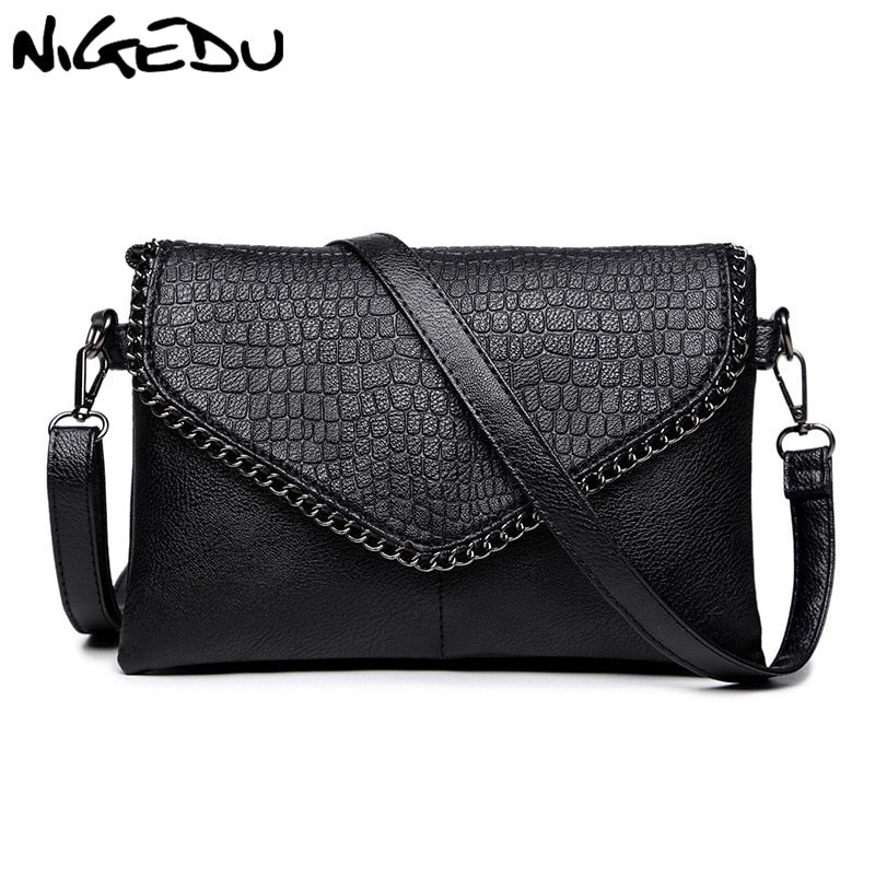 NIGEDU Casual Crossbody Bag Female Messenger Bags black PU Leather Women's Shoulder Bags Chain women Envelope clutch purses