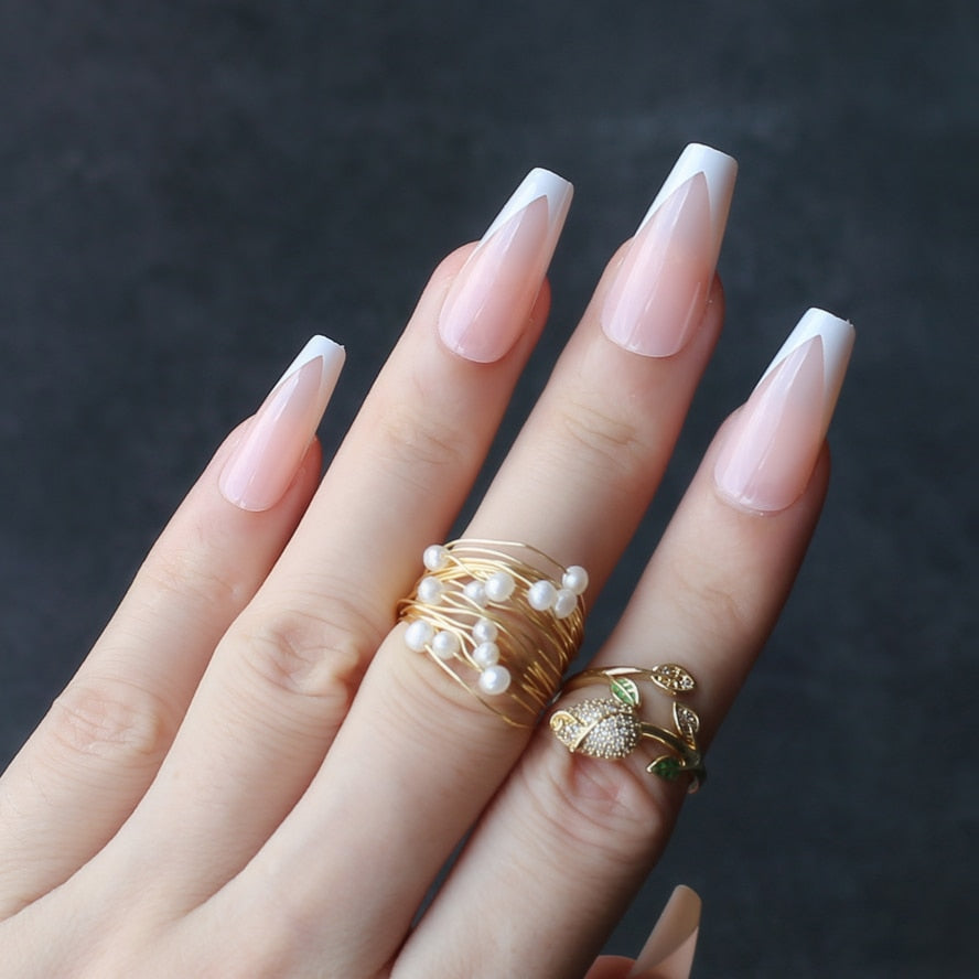 Coffin Nude French Black outline White Fake nails Ballet Art Nails Classic arc French design False nails 24PCS