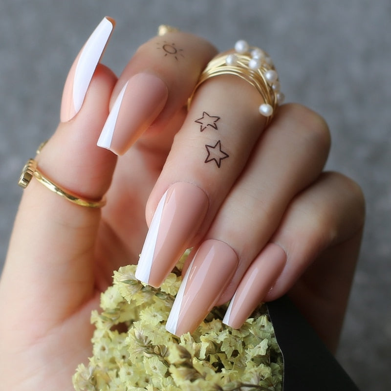 Coffin Nude French Black outline White Fake nails Ballet Art Nails Classic arc French design False nails 24PCS