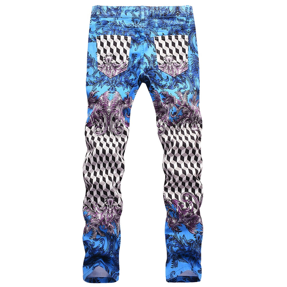Men's Print Jeans Fashion Y2K Plaid Colored Painted Slim Straight Pants Trousers