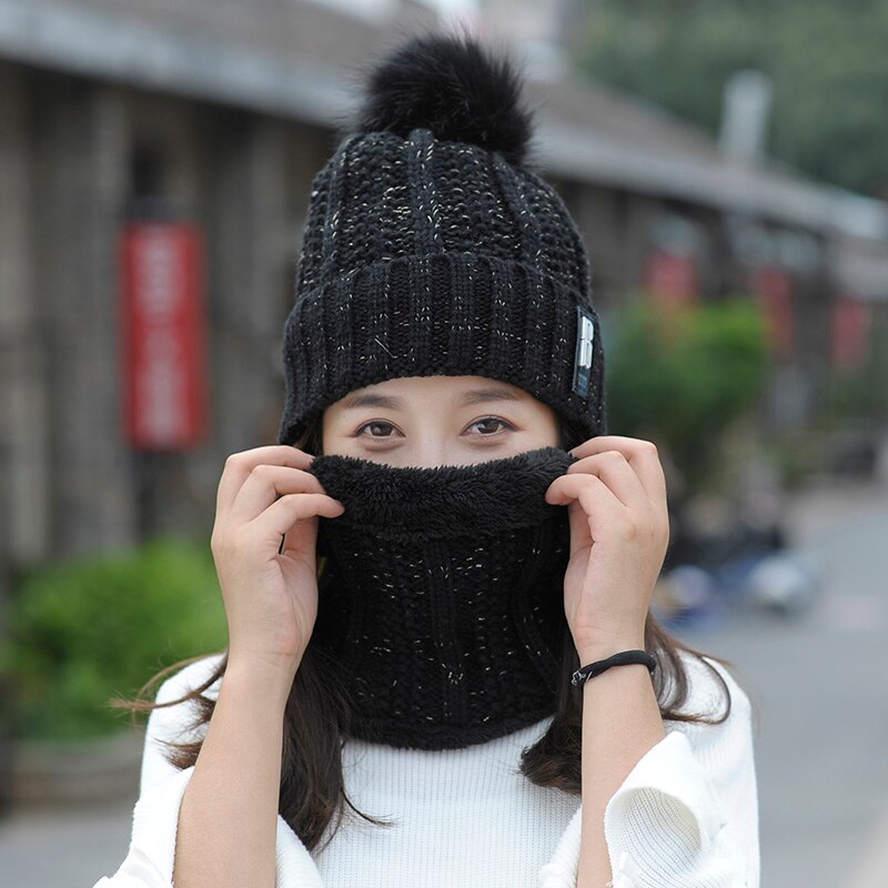Autumn Winter Women's Hat Caps Knitted Wool Warm Scarf Thick Windproof Balaclava Multi Functional Hat Scarf Set For Women