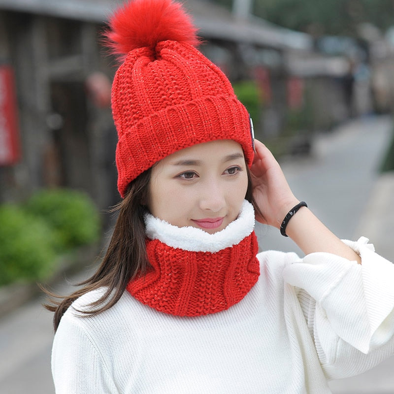 Autumn Winter Women's Hat Caps Knitted Wool Warm Scarf Thick Windproof Balaclava Multi Functional Hat Scarf Set For Women